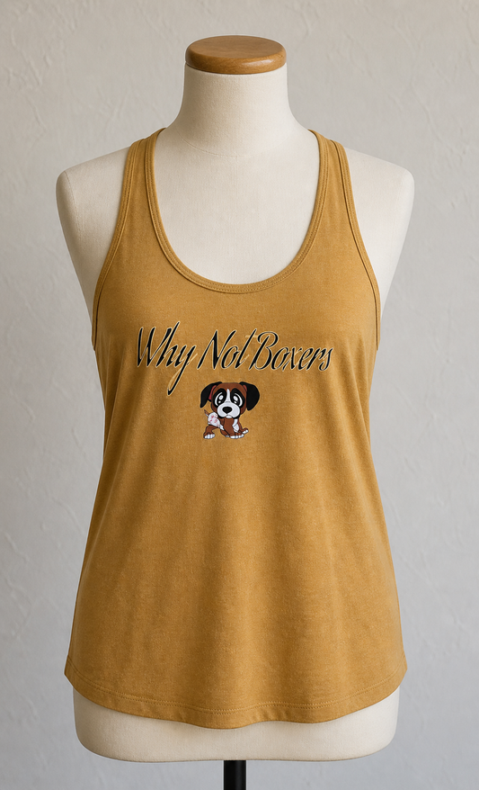 Women’s (Small) racerback tank top with “Why Not Boxers” gold script and small puppy graphic on front