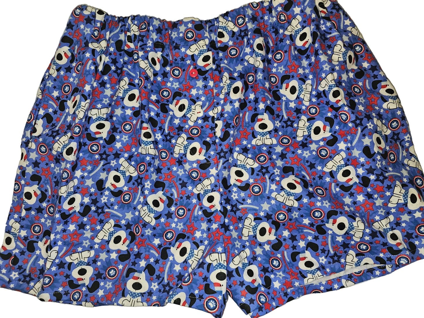 X-Large women’s loungewear boxer shorts in a blue pup print with red, white, and blue stars and shields, handmade with deep side pockets and soft breathable fabric for everyday lounge comfort.