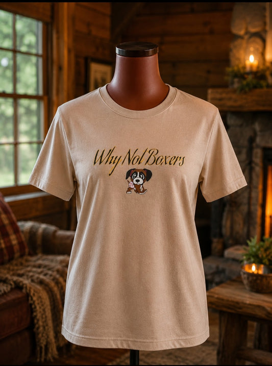 Women’s 2XL relaxed-fit unisex t-shirt in natural tan with Why Not Boxers puppy design.
