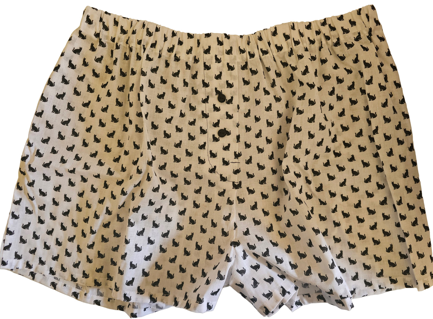 Women's loungewear boxer shorts in black and white cat print, A Mid Sleepy Kitty's Dream, size XL, with pockets.