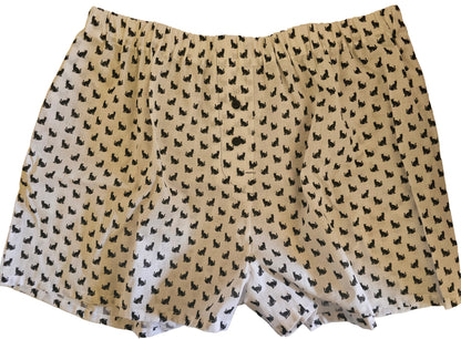 Women's loungewear boxer shorts in black and white cat print, A Mid Sleepy Kitty's Dream, size Medium, with pockets.