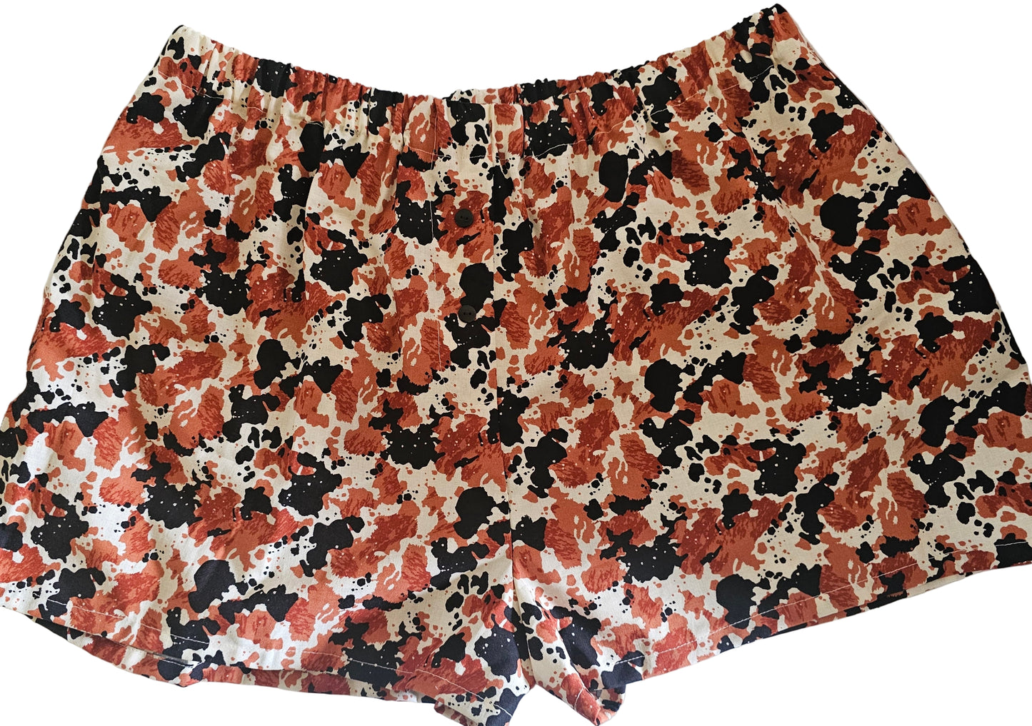 Women's loungewear boxer shorts in autumn camo print, Autumn Paint Kiss, size XL, with pockets.