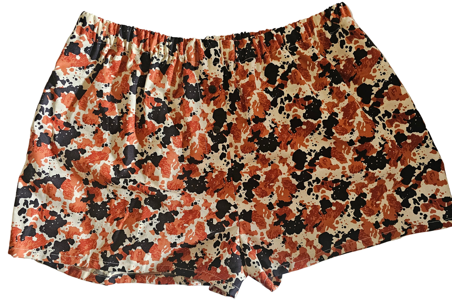 Women's loungewear boxer shorts in autumn camo print, Autumn Paint Kiss, size L, with pockets.