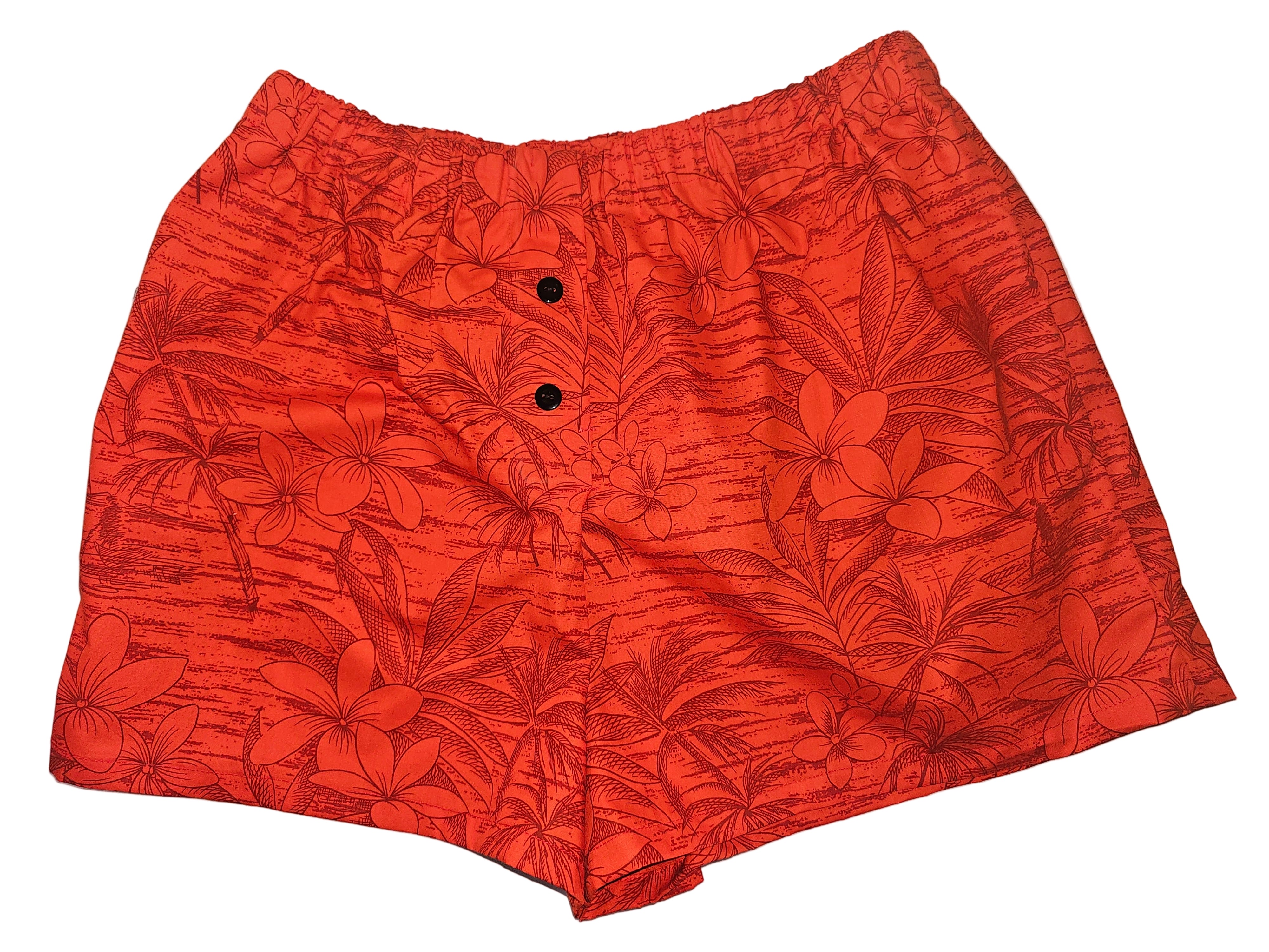 Large women’s lounge boxers named Hibiscus Afterglow Paradise, featuring a bright coral-orange base with detailed hibiscus floral print and pockets — tropical loungewear perfect for summer relaxation and island-inspired comfort.