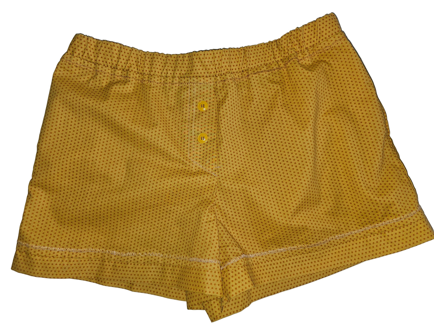 Women's loungewear boxer shorts in honey-gold patterned print, Honey X Glow, size XL, with pockets.