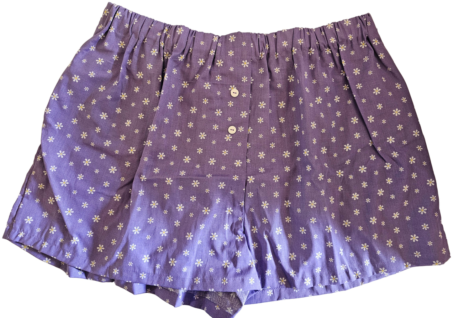 Women's loungewear boxer shorts in lavender floral print, Lavender Bloomers, size L, with pockets.
