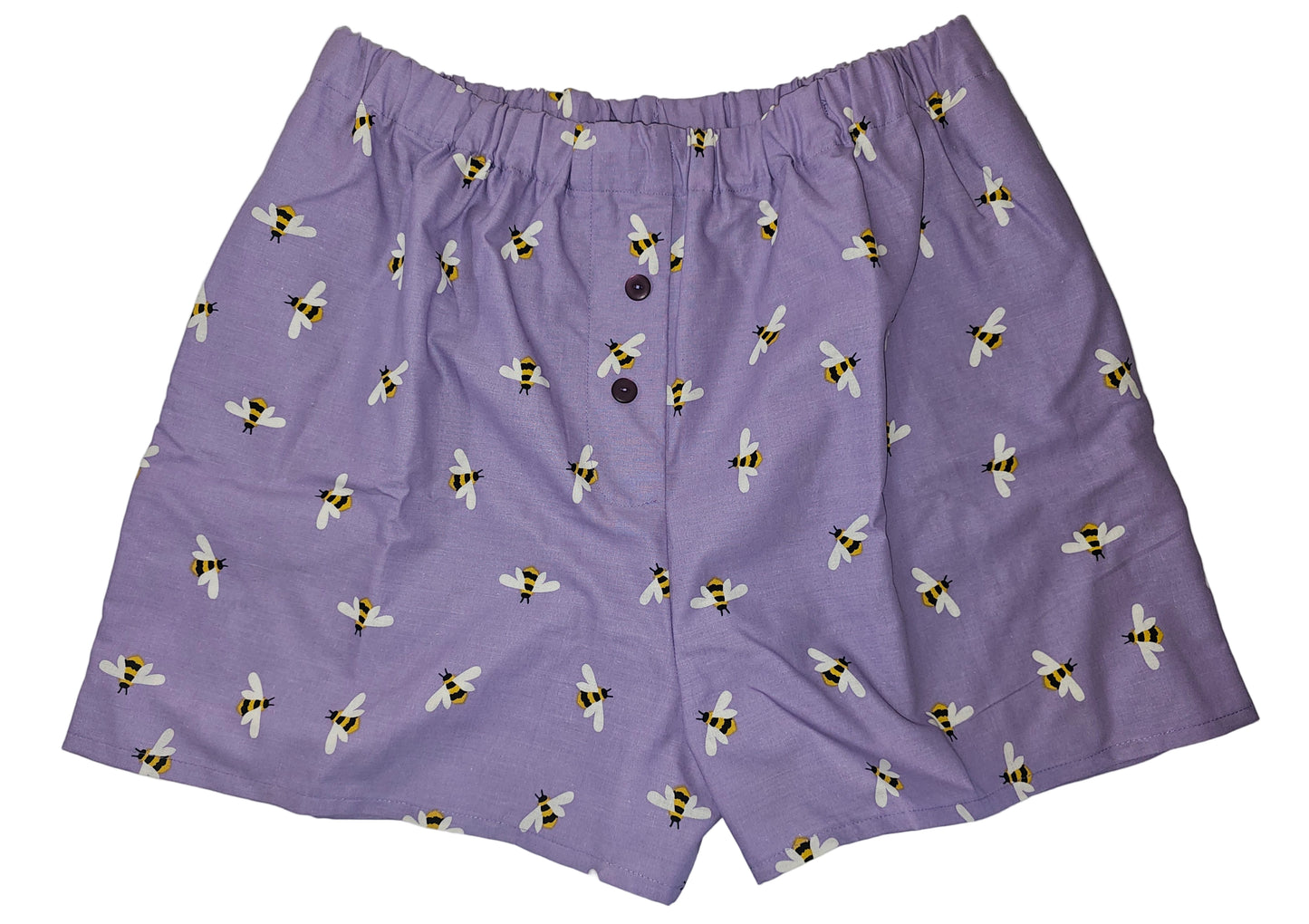Lavender Honeybee women's lounge boxer shorts in size large - Purple base with honeybee print, elastic waist, breathable cotton, cozy everyday loungewear.