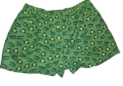Women's loungewear boxer shorts in green frog print, Leap & Lounge, size Medium, with pockets.