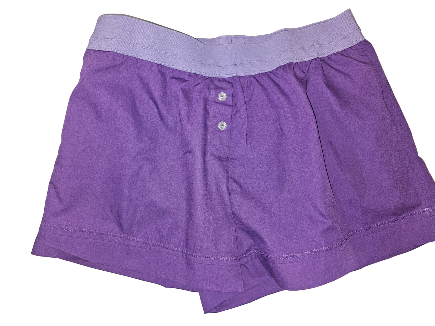 Purple women’s loungewear boxers in ‘Lilac Breeze Lounge’ style, featuring a two-inch lavender elastic waistband, matching lavender leg bands, and deep side pockets — handmade, breathable, and perfect for cozy relaxation.