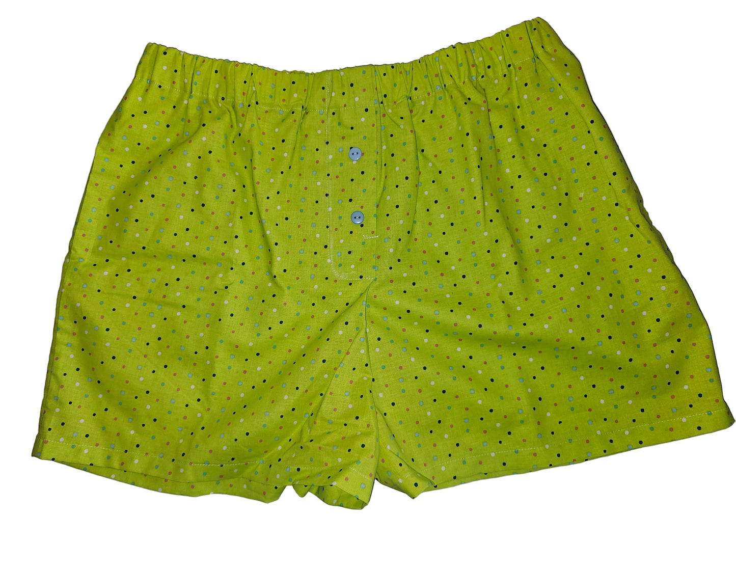 Matcha Dots in Daydreams — women’s large lounge boxers in bright matcha green with bold contrasting dot accents, lightweight with an elastic waistband and functional pockets for relaxed everyday comfort.