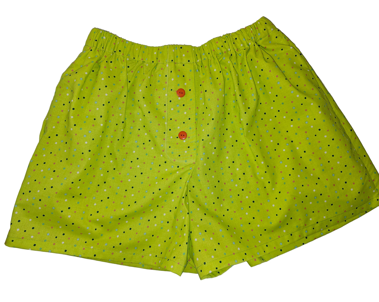 Matcha Dots in Daydreams — women’s Medium lounge boxers in bright matcha green with bold contrasting dot accents, lightweight with an elastic waistband and functional pockets for relaxed everyday comfort.