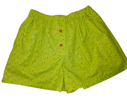 Matcha Dots in Daydreams — women’s Medium lounge boxers in bright matcha green with bold contrasting dot accents, lightweight with an elastic waistband and functional pockets for relaxed everyday comfort.