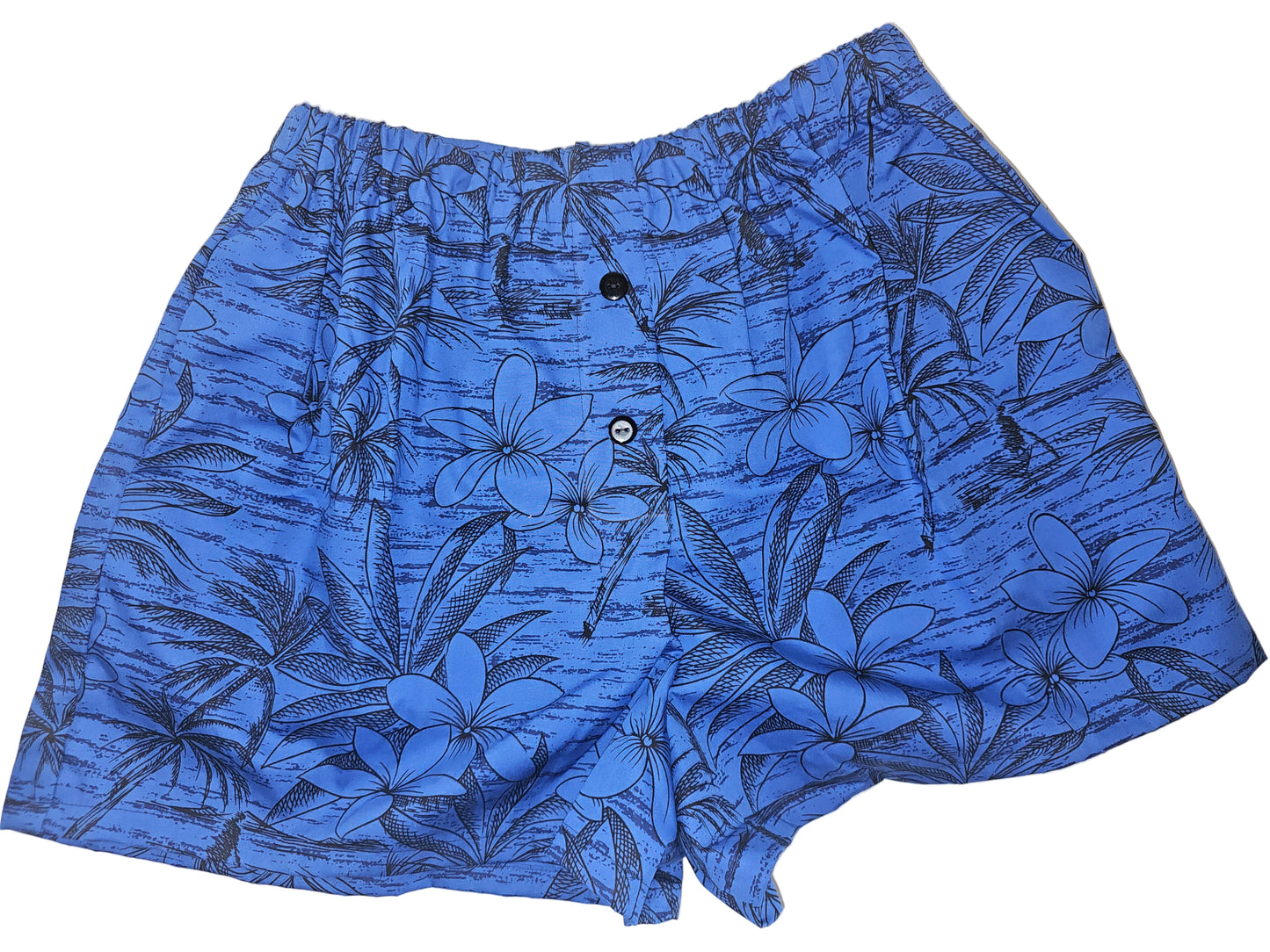 Midnight Hibiscus Bloom medium women's lounge boxers — vivid ocean-blue base with black hibiscus florals, handmade in small-batch quality, breathable cotton feel, medium size fit with deep side pockets.