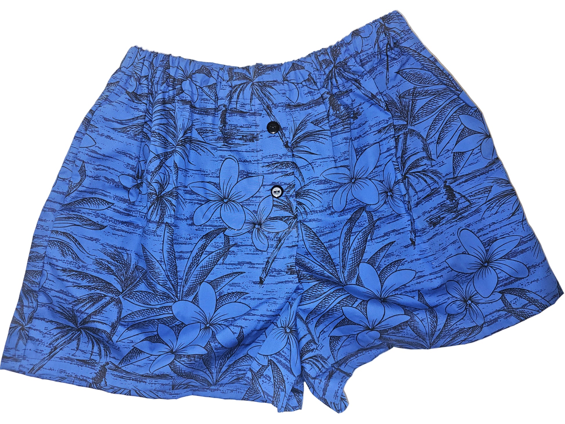 Midnight Hibiscus Bloom medium women's lounge boxers — vivid ocean-blue base with black hibiscus florals, handmade in small-batch quality, breathable cotton feel, medium size fit with deep side pockets.