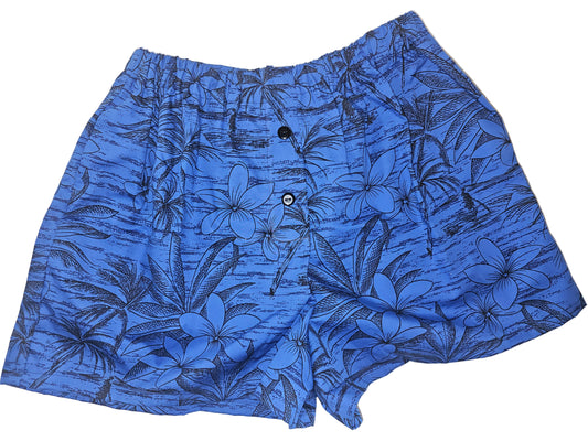 Midnight Hibiscus Bloom medium women's lounge boxers — vivid ocean-blue base with black hibiscus florals, handmade in small-batch quality, breathable cotton feel, medium size fit with deep side pockets.