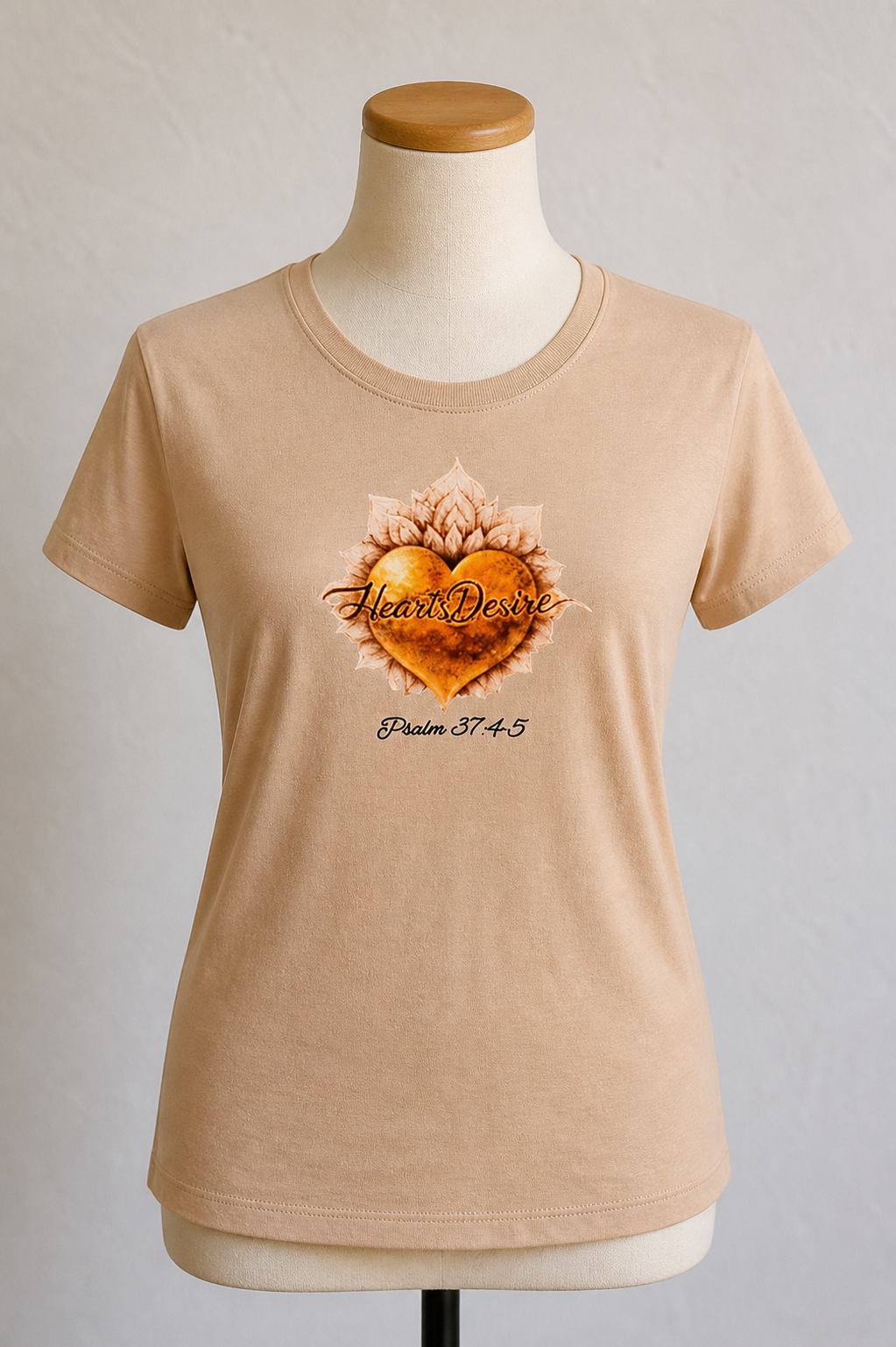 Women’s XL relaxed-fit unisex t-shirt in natural tan with HeartsDesire design with psalm 37: 4-5 written below the heart logo.