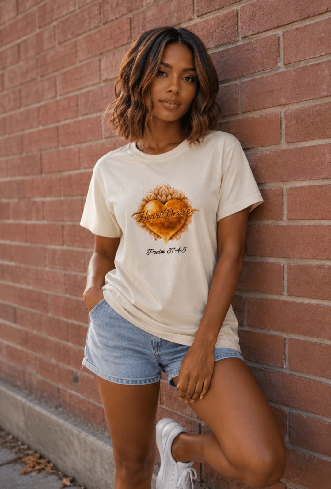 Women’s off white  Large unisex graphic tee with Heart’s Desire logo and Psalm 37:4-5 artwork on model.