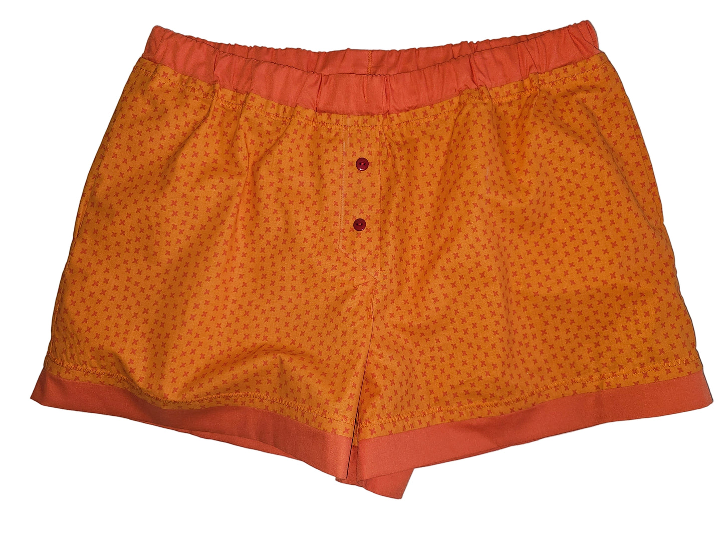 Women's loungewear boxer shorts in orange X-pattern print, Orange Marks the Spot, size XL, with pockets.