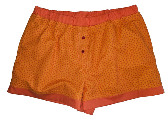 Women's loungewear boxer shorts in orange X-pattern print, Orange Marks the Spot, size XL, with pockets.