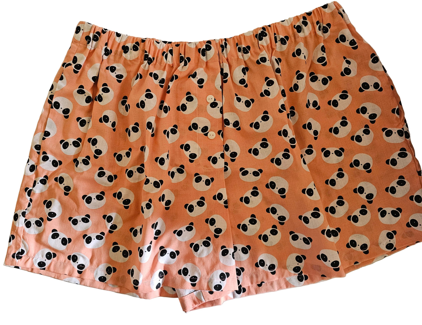 Women's loungewear boxer shorts in peach and black panda print, Peachy Panda Dreams, size Medium, with pockets