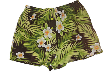 Tropical Blooms medium women's lounge boxers with deep side pockets, dark brown base, lush green palm leaves and white plumeria flowers, lightweight and breathable waistband.