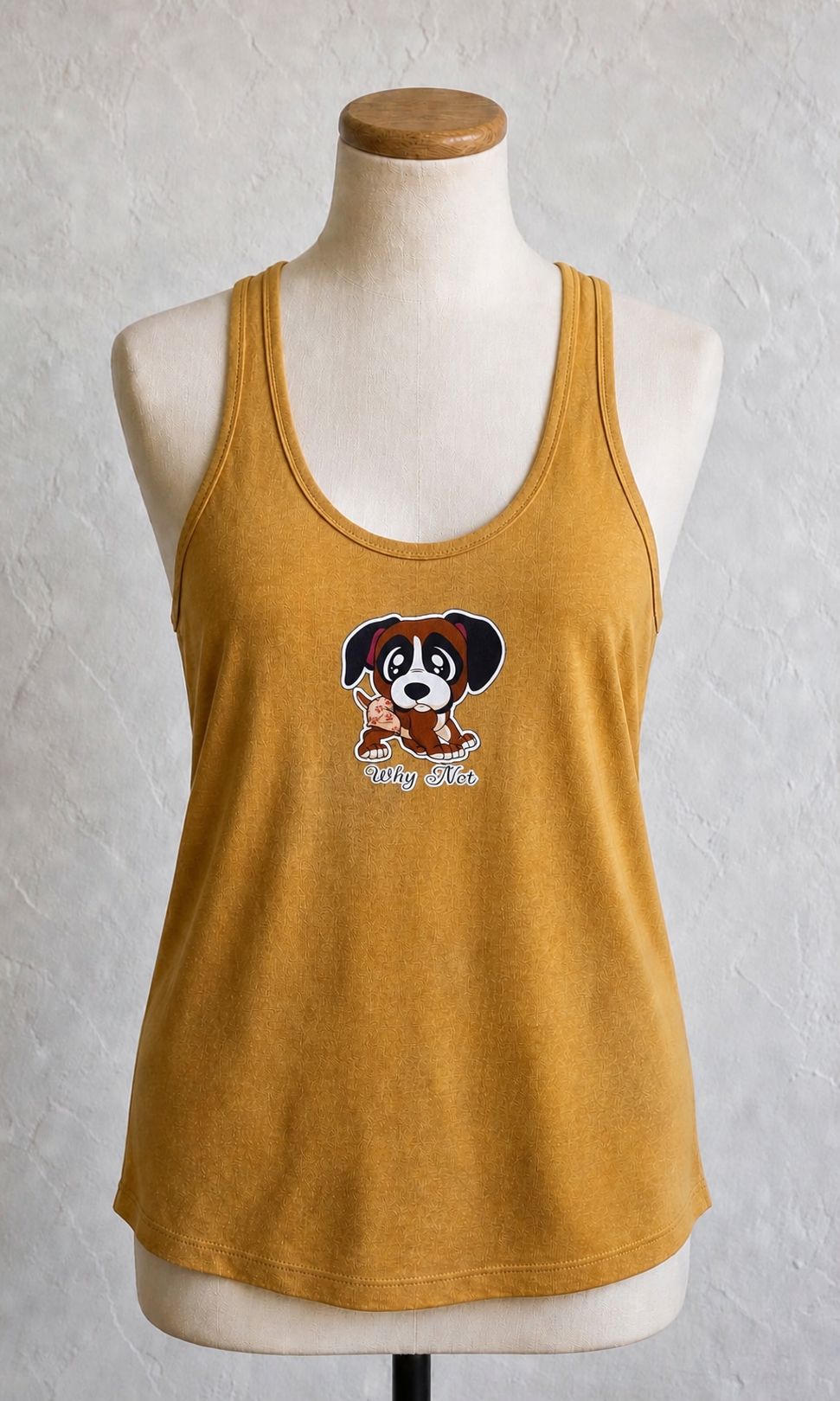 Women’s racerback tank top in gold, (Small) size, loose fit, featuring a small centered “Why Not” puppy logo on the front.