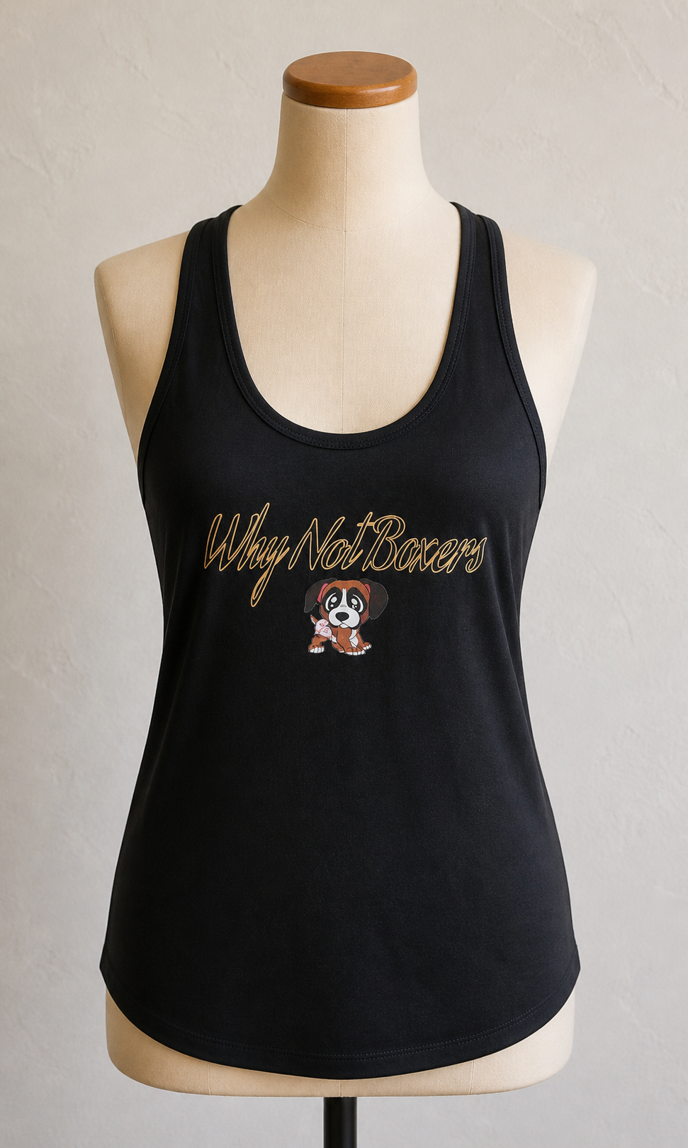 Women’s (Small) black racerback tank top with “Why Not Boxers” gold script and small puppy graphic on front