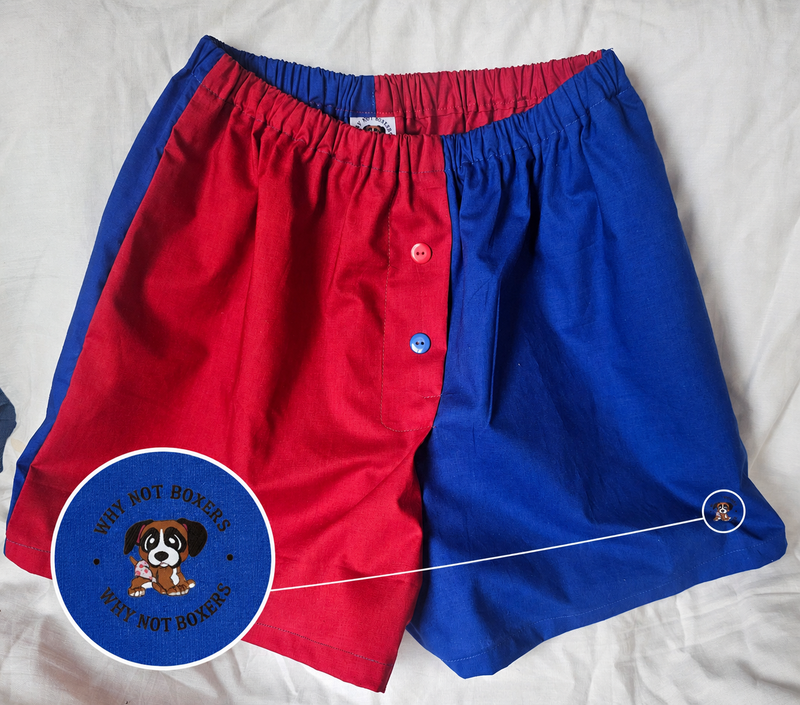 Red and royal blue Medium handmade women’s boxer shorts featuring a split-color design, elastic waistband, contrasting button detail, and custom “Why Not Boxers” puppy logo. Comfortable small-batch loungewear shorts designed for cozy everyday wear and sleepwear.
