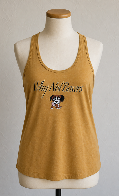 Women’s (Small) racerback tank top with “Why Not Boxers” gold script and small puppy graphic on front