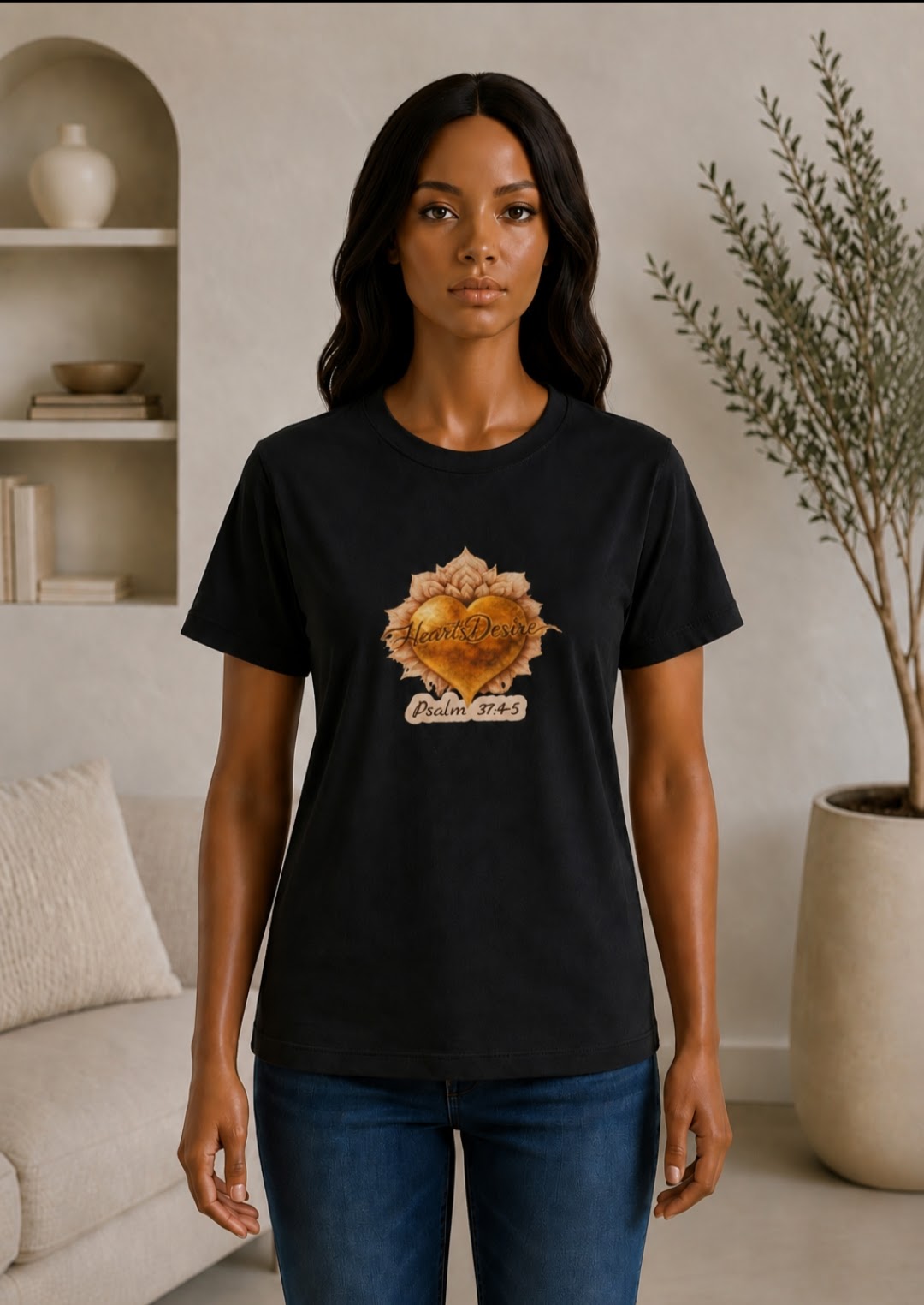 Woman wearing XL black unisex graphic t-shirt featuring Heart’s Desire heart artwork and Psalm 37:4-5 design.