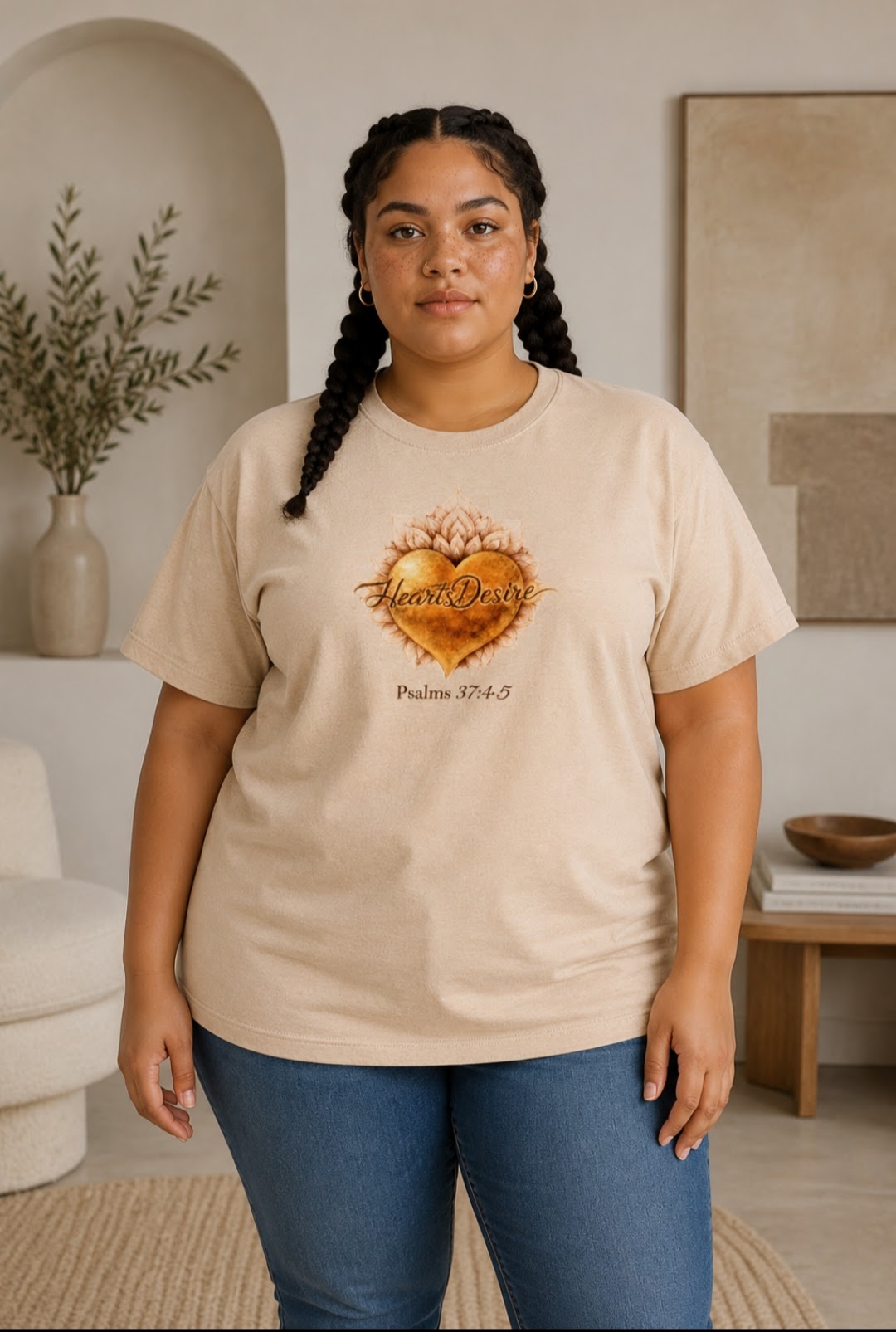 Women’s natural tan large unisex graphic tee with Heart’s Desire logo and Psalm 37:4-5 artwork on model.