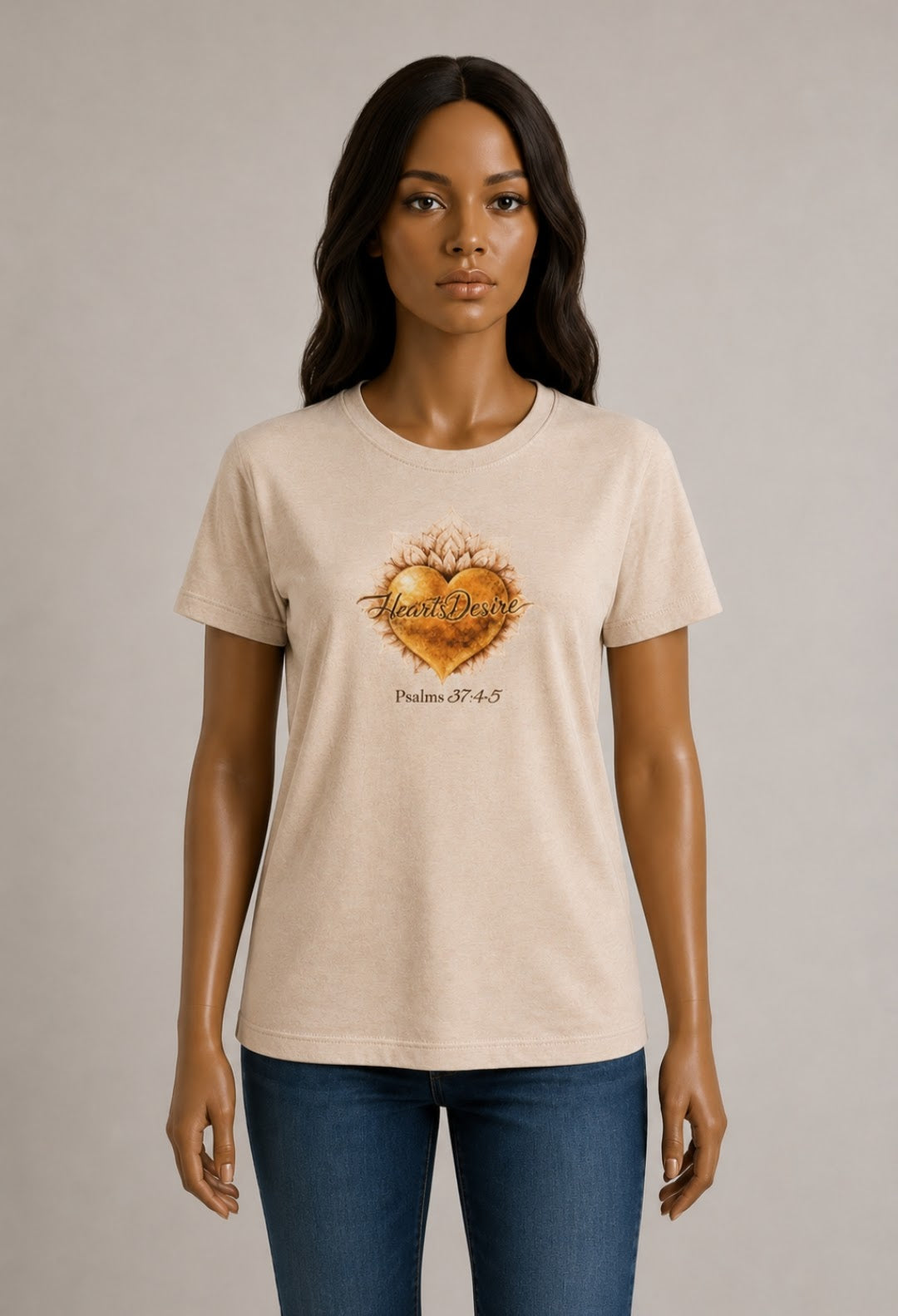 Women’s natural tan XL unisex graphic tee with Heart’s Desire logo and Psalm 37:4-5 artwork on model.