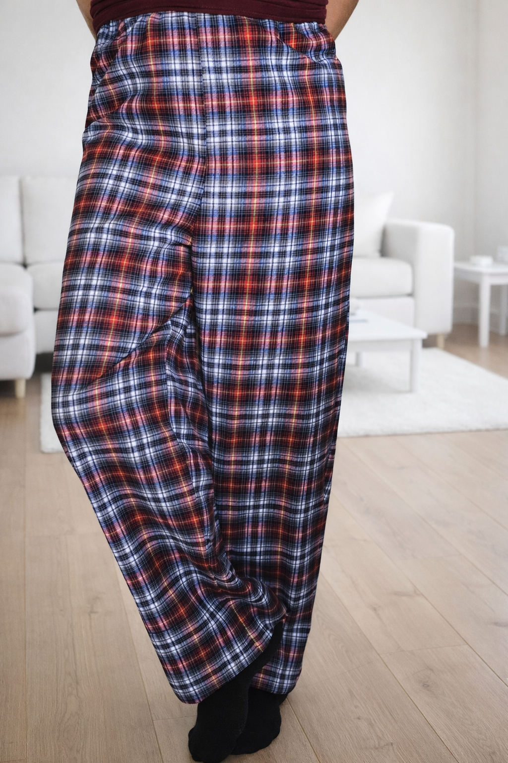 Women’s size medium plaid pajama pants with red and navy check pattern, relaxed fit, soft fabric, and full-length draped legs for comfortable loungewear
