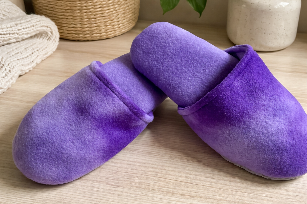 Soft purple fleece house slippers for women, size 8–9, cushioned slip‑on