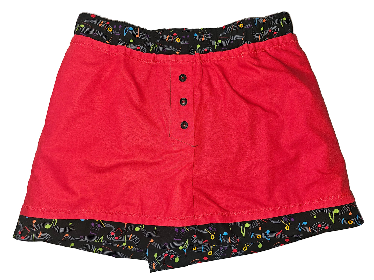 Women's soft cotton red lounge boxers with playful music notes waist and leg bands, and detail front buttons - size small