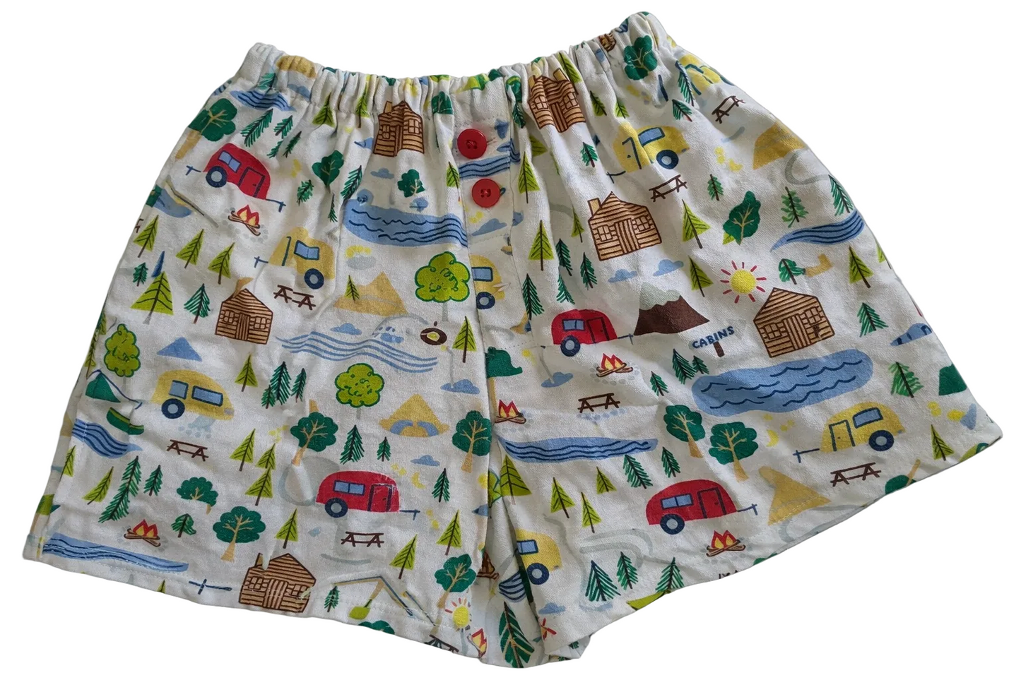 Comfortable women’s medium lounge shorts with a playful camping-themed print, elastic waistband, and front button detail.