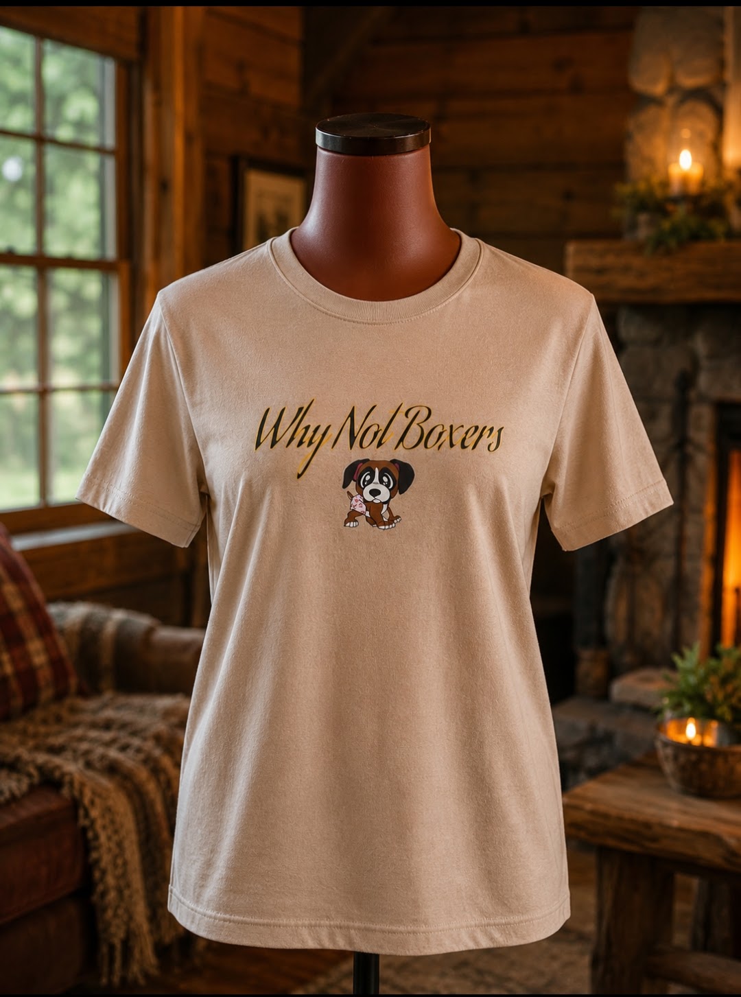 Women’s 2XL relaxed-fit unisex t-shirt in natural tan with Why Not Boxers puppy design.