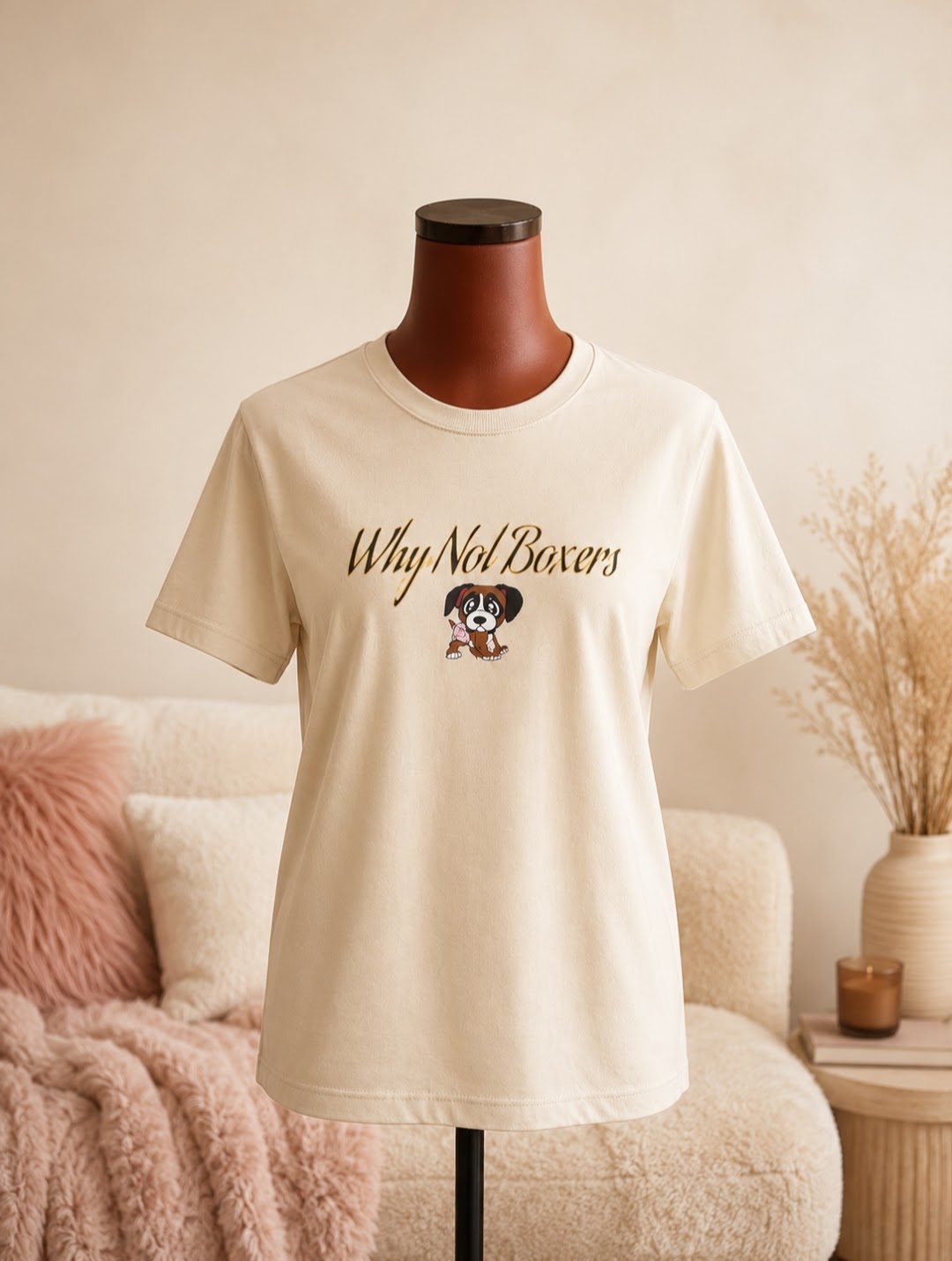 Women’s 2XL relaxed-fit unisex t-shirt in natural tan with Why Not Boxers puppy design.