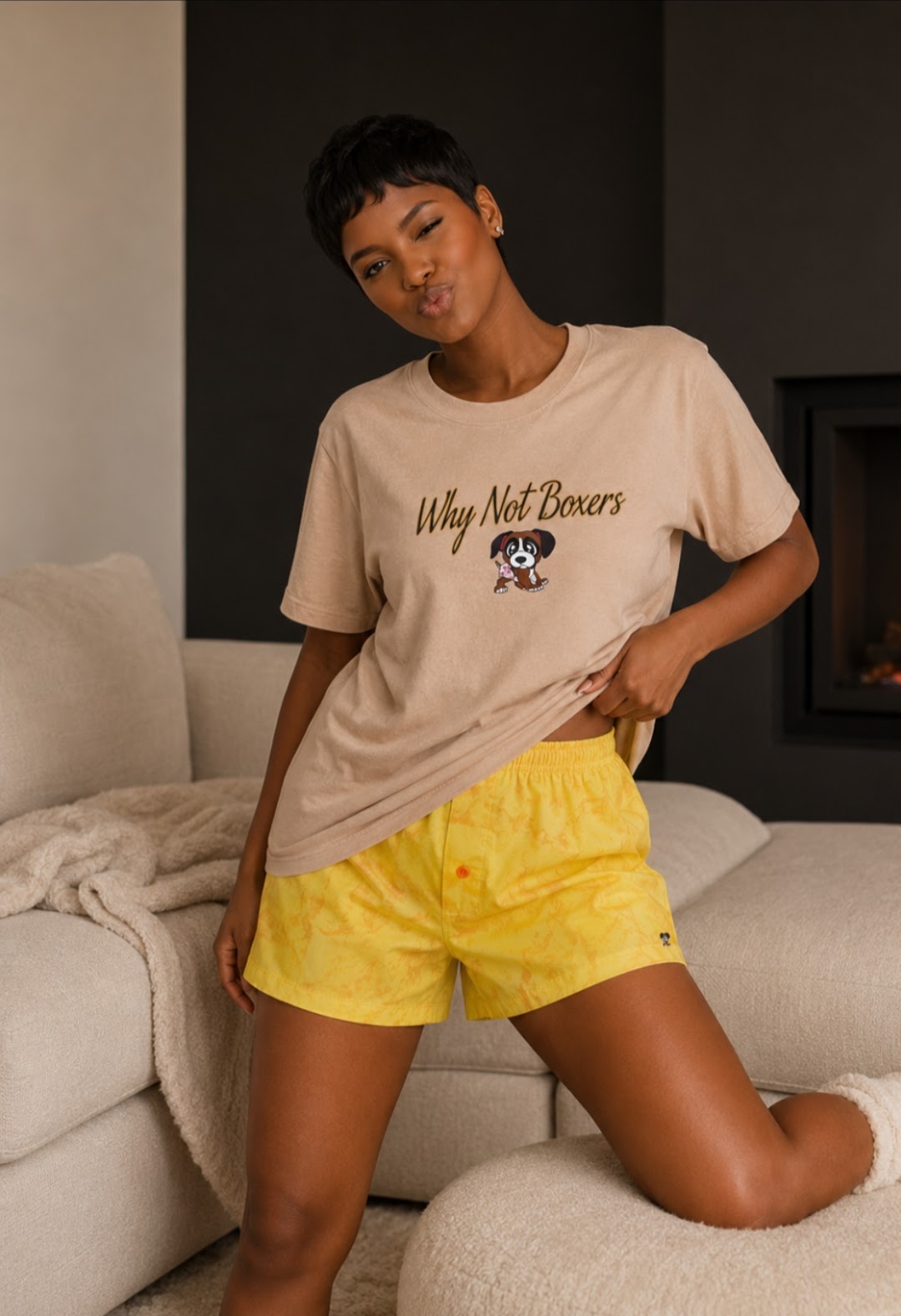 Women’s Large relaxed-fit unisex t-shirt in natural tan with Why Not Boxers puppy design.